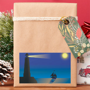 Adesivo Retangular Farol e veleiro no Oceano Luar Noturno