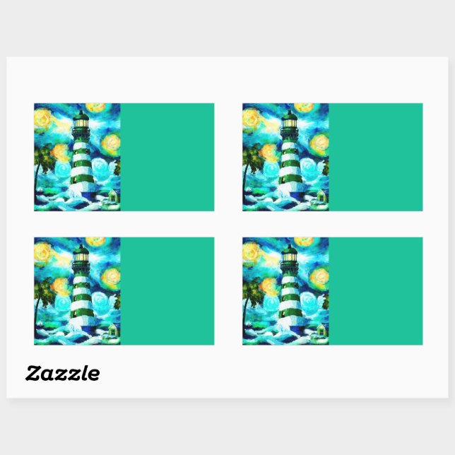 Adesivo Retangular Farol tropical e Palmeiras Verdes (Folha)