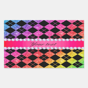 Adesivo Retangular Faux Rainbow Neon Glitter Diamantes Pretos