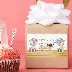 Adesivo Retangular Fawn Pug Dog Balões de Aniversário Coloridos de Pa
