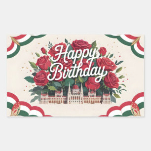 Adesivo Retangular Feliz Aniversário com Rosas e Parlamento Húngaro