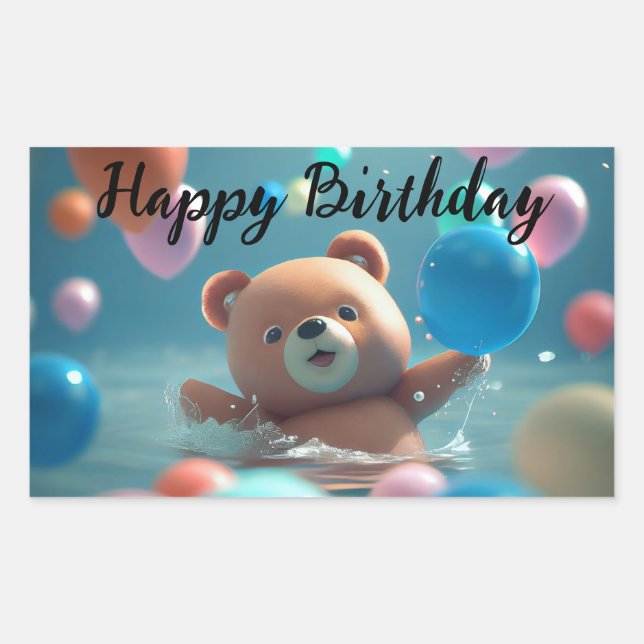 Adesivo Retangular Feliz Aniversário com Urso de Pelúcia e Balões (Frente)