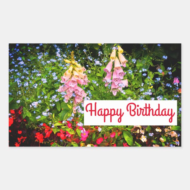 Adesivo Retangular Feliz Aniversário Flores de primavera #7-2 (Frente)