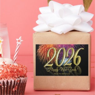 Adesivo Retangular Feliz Ano Novo 2026 Fogos de Artifício Coloridos G