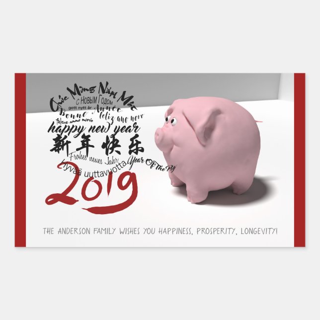 Adesivo Retangular Feliz Ano Novo PIg 2019 — R Sticker personalizado (Frente)