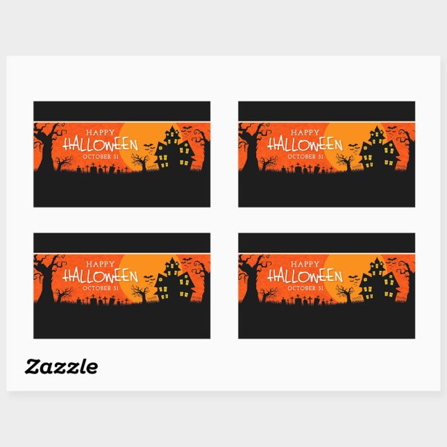 Adesivo Retangular Feliz Dia das Bruxas (Happy Halloween sticker capturing the eerie atmosphere, of the haunted house!)