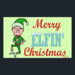 Adesivo Retangular Feliz Engraçada Elfin Christmas Bah Humbug<br><div class="desc">Natal da feliz Elfin. Este Papai noel engraçado e durão gostaria que você tivesse um feliz Natal. Na verdade, ele está insistindo nisso. Esta design retangular mostra um elfo de férias zangado próximo às palavras "Feliz Elfin' Christmas" feito em letras azuis cursivas vermelhas e geladas com capa de neve. O...</div>