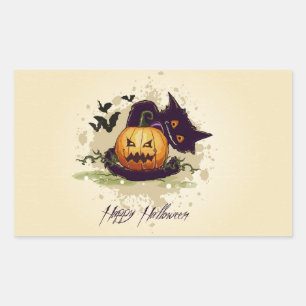 Adesivo Retangular Feliz Halloween Black Cat e Jack Rectangular Sti