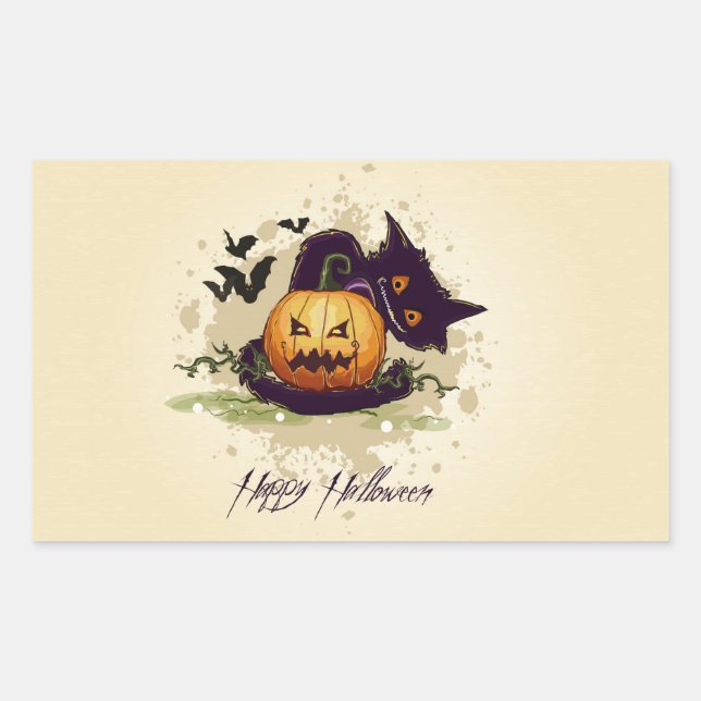 Adesivo Retangular Feliz Halloween Black Cat e Jack Rectangular Sti (Frente)
