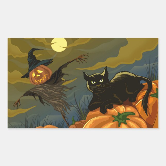 Adesivo Retangular Feliz Halloween Pumpkins Black Cat (Frente)