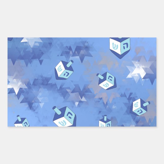 Adesivo Retangular Feliz Hanukkah Challing Stars and Dreidels (Frente)