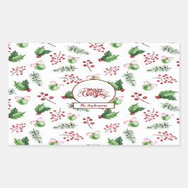 Adesivo Retangular Feliz Natal Bolas Holly Berries Pine Monograma