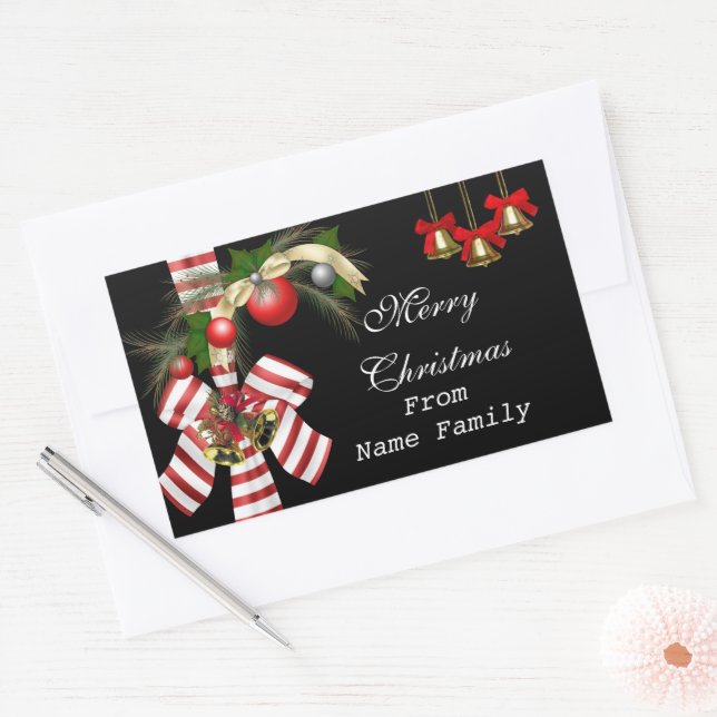 Adesivo Retangular Feliz Natal Bolas Pretas Vermelhas Douradas Festa  (Envelope)