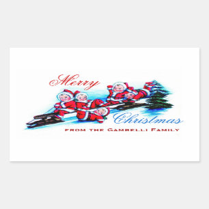 Adesivo Retangular Feliz Natal - duendes do vintage que Sledding na
