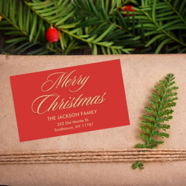 Adesivo Retangular Feliz Natal Elegante, Dourado, Natal Vermelho (Criador carregado)