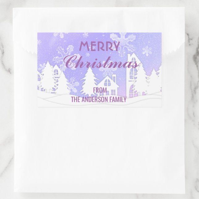 Adesivo Retangular Feliz Natal Flocos de Neve Casa Branca Roxo (Bolsa)