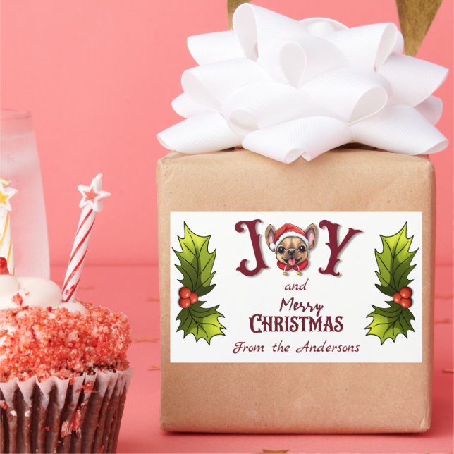 Adesivo Retangular Feliz Natal Joy Bonito Bulldog Francês Holly (Festa)