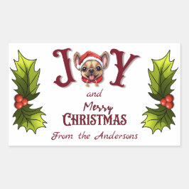 Adesivo Retangular Feliz Natal Joy Bonito Bulldog Francês Holly