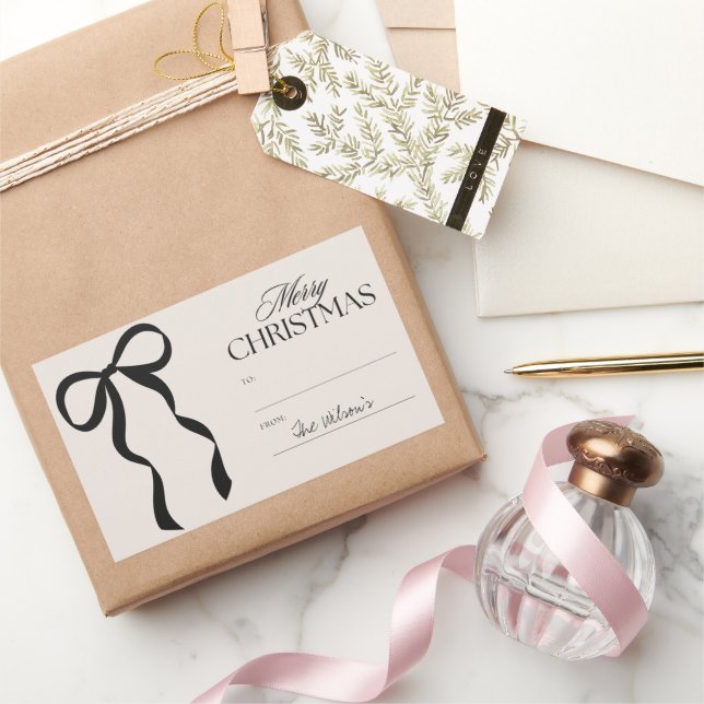 Adesivo Retangular Feliz Natal Para e De Nome Personalizável Laço (Presentear)