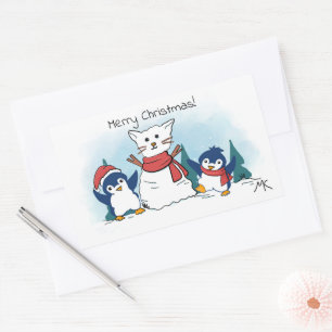Adesivo Retangular Feliz Natal Pinguins construindo um Gato de Neve