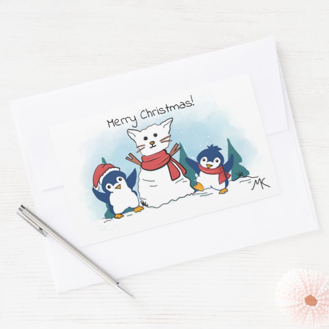 Adesivo Retangular Feliz Natal Pinguins construindo um Gato de Neve (Envelope)