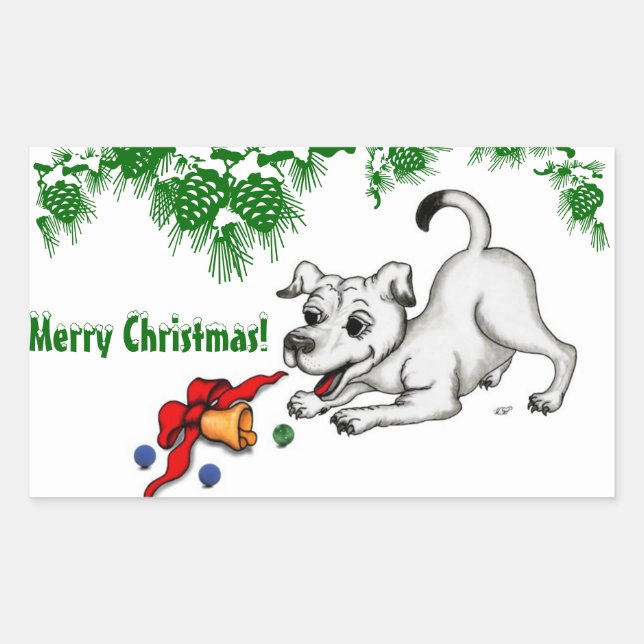 Adesivo Retangular Feliz Natal! Puppy com Bell e Ball (Frente)