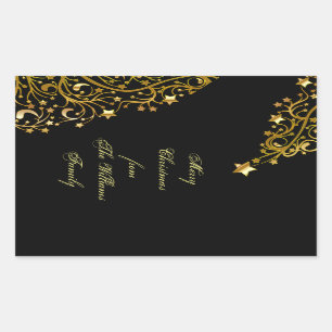 Adesivo Retangular Feliz Natal Stars Black Dourado Chiny Name
