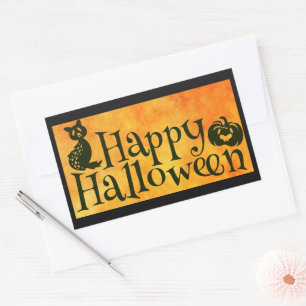 Adesivo Retangular Feliz Saudação de Halloween Laranja e Preto