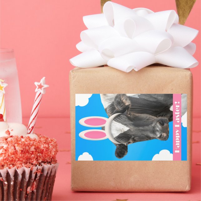 Adesivo Retangular Felz pascoa para qualquer vaca engraçada em lágrim (Festa)