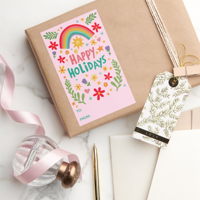 Adesivo Retangular Feriados Felizes Arco-Íris Cute PERSONALIZADO PARA (Happy Holidays Rainbow Cute CUSTOM TO FROM hand-drawn colorful Rectangular Sticker
)