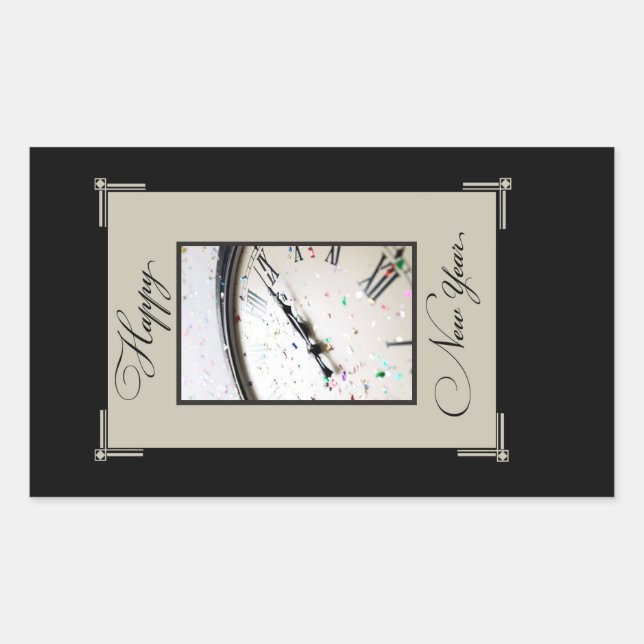 Adesivo Retangular Festa sofisticada de véspera de Ano Novo, Preto e  (Frente)