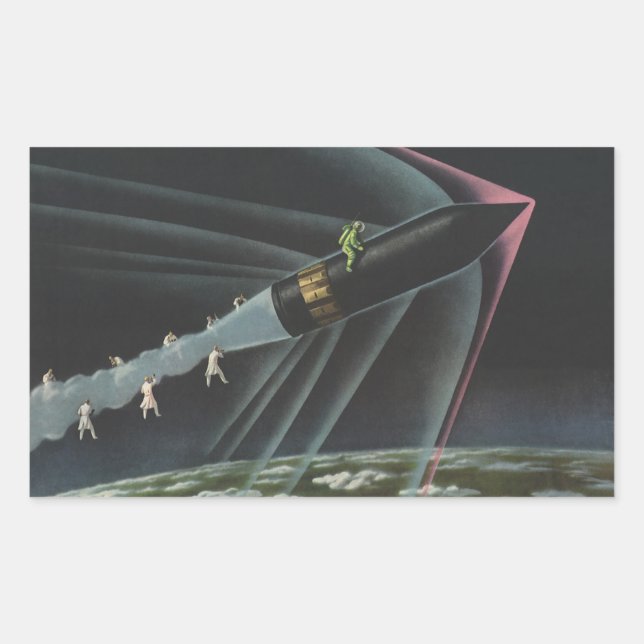 Adesivo Retangular Ficção Científica Vintage Astronauta Pilotando um  (Frente)