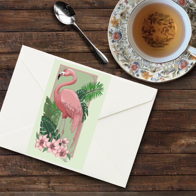 Adesivo Retangular Flamingo Rosa Tropical Folhas de Palmeira Verde Lí (Criador carregado)