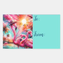 Adesivo Retangular Flamingos Palmeiras Rosa Tropicais Teais Sunset