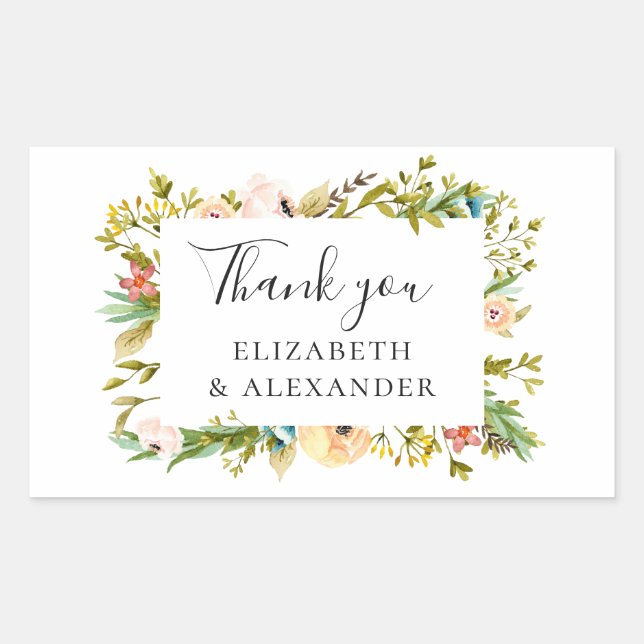 Adesivo Retangular Flor de aquarela. Obrigado por casamento floral de (Frente)