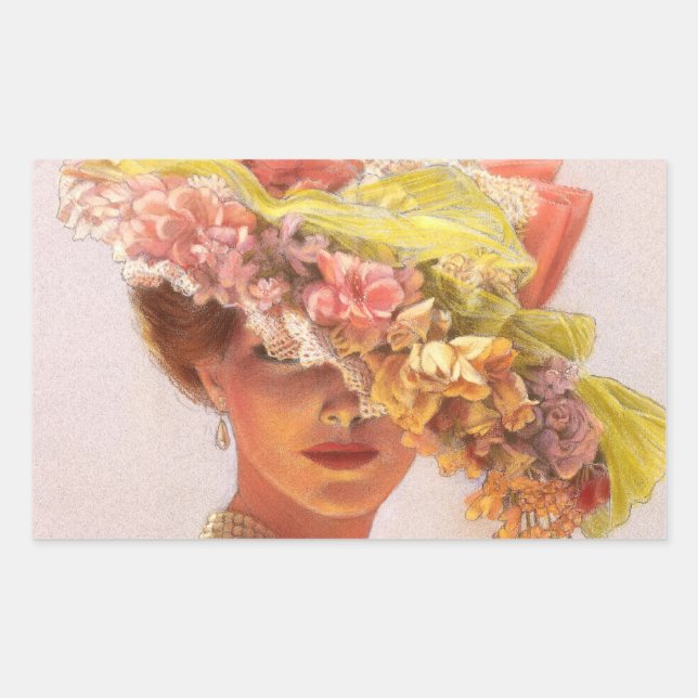 Adesivo Retangular Flor Hat Victorian Lady Oval Stickers (Frente)