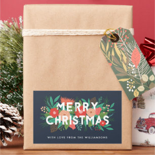 Adesivo Retangular Floral moderno com nome de Natal azul