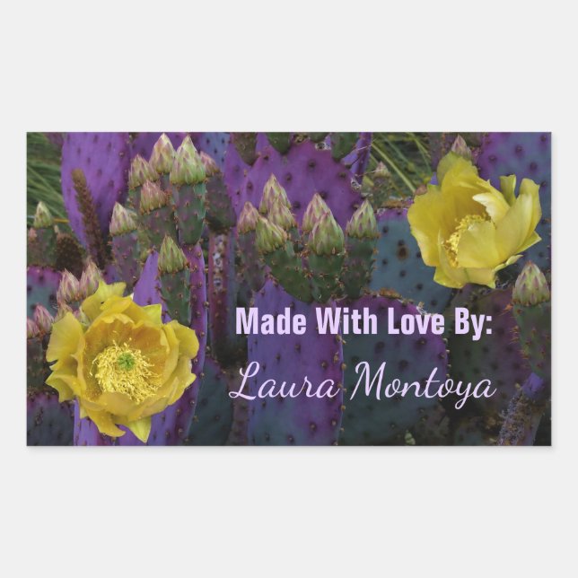 Adesivo Retangular Flores Amarelas Púrpuras De Opuntia Perea Cactus (Frente)