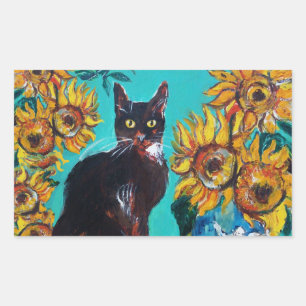 ADESIVO RETANGULAR FLORES COM GATO PRETO EM TURQUOISMO AZUL