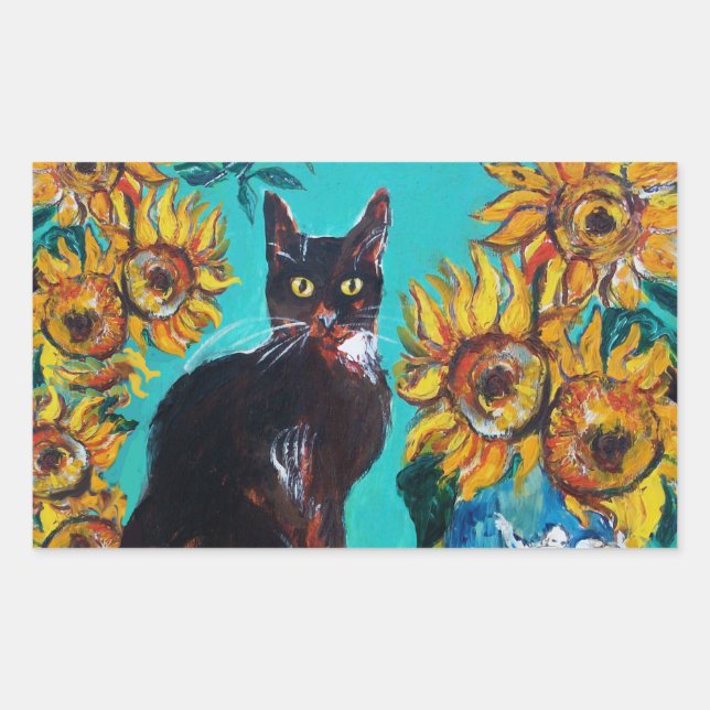 ADESIVO RETANGULAR FLORES COM GATO PRETO EM TURQUOISMO AZUL (Frente)