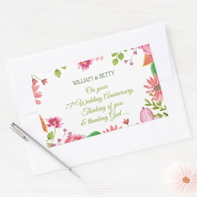Adesivo Retangular Flores de Aniversário de Casamento Religioso de 75 (Envelope)