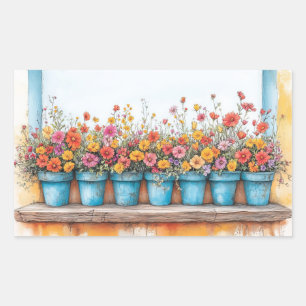 Adesivo Retangular Flores Potes Ilustração Coloração do Pastel Desenh