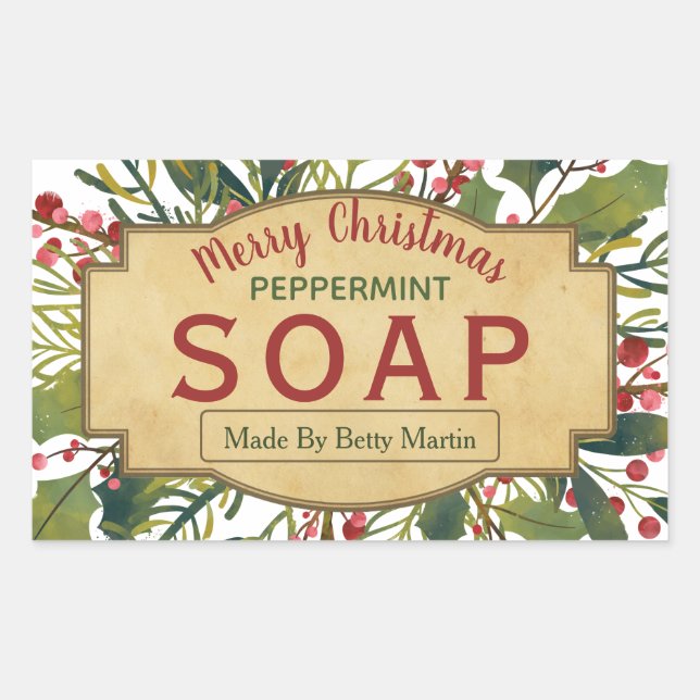 Adesivo Retangular Folhagem de Natal Mistletoe Holly Soap Labels (Frente)