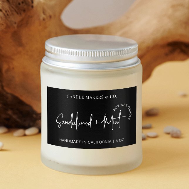 Adesivo Retangular Fonte de Script de Embalagem de Vela Minimalista M (Fully customizable modern black and white large candle jar rectangle labels)