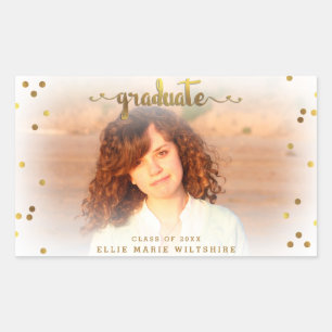 Adesivo Retangular Foto de Graduação Clássica Faux Gold Foil Confetti