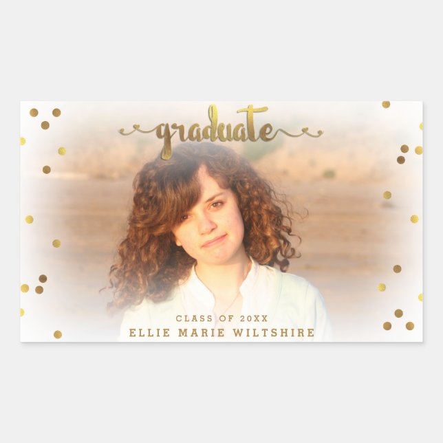 Adesivo Retangular Foto de Graduação Clássica Faux Gold Foil Confetti (Frente)