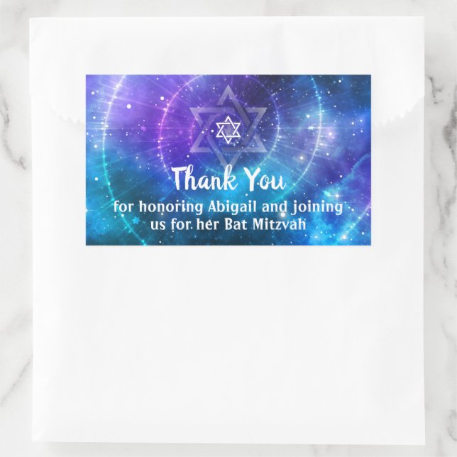 Adesivo Retangular Galáxia Roxo Azul Morcego Bar Mitzvah Obrigado (Bolsa)