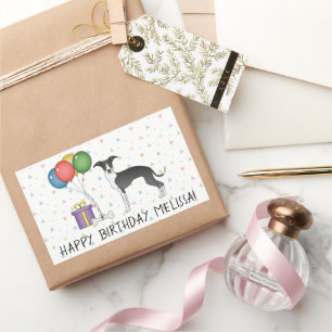 Adesivo Retangular Galgo Italiano Preto e Branco - Feliz Aniversário