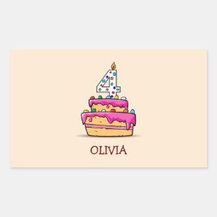 Adesivo Retangular Garota 4 de aniversário, 4 de Bolo Rosa Doce