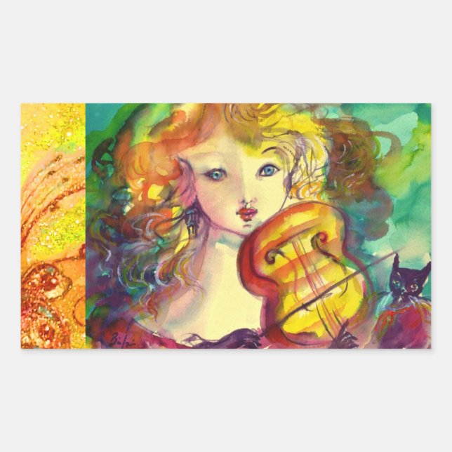 ADESIVO RETANGULAR GAROTA VIOLINISTA, VIOLINA E GATO (Frente)